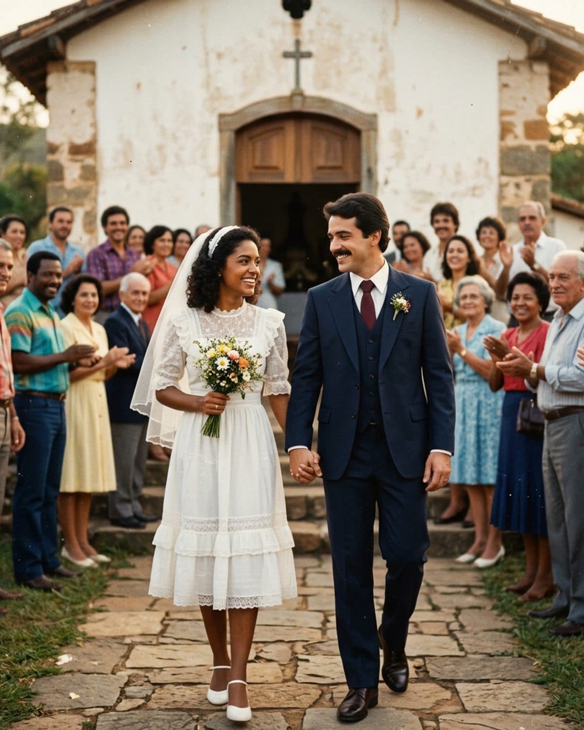Casal na porta da igreja, anos 1980, foto restaurada