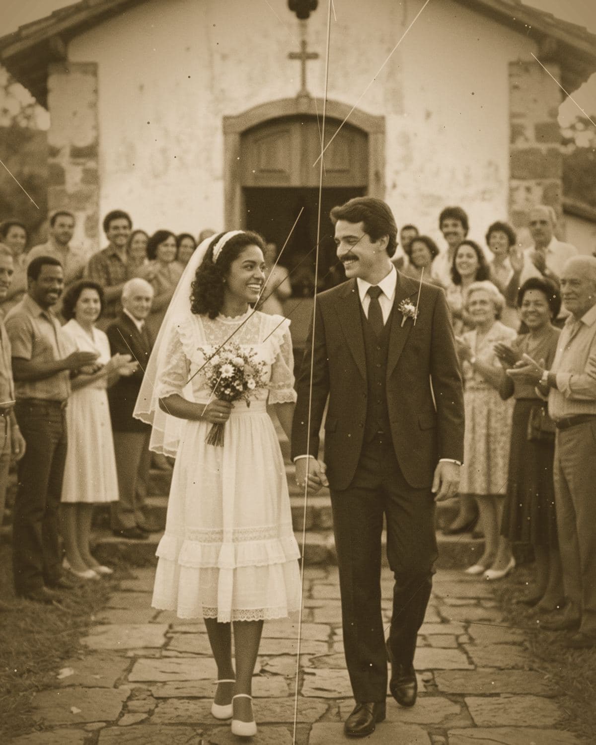 Casal na porta da igreja, anos 1980, foto antiga antes da restauração