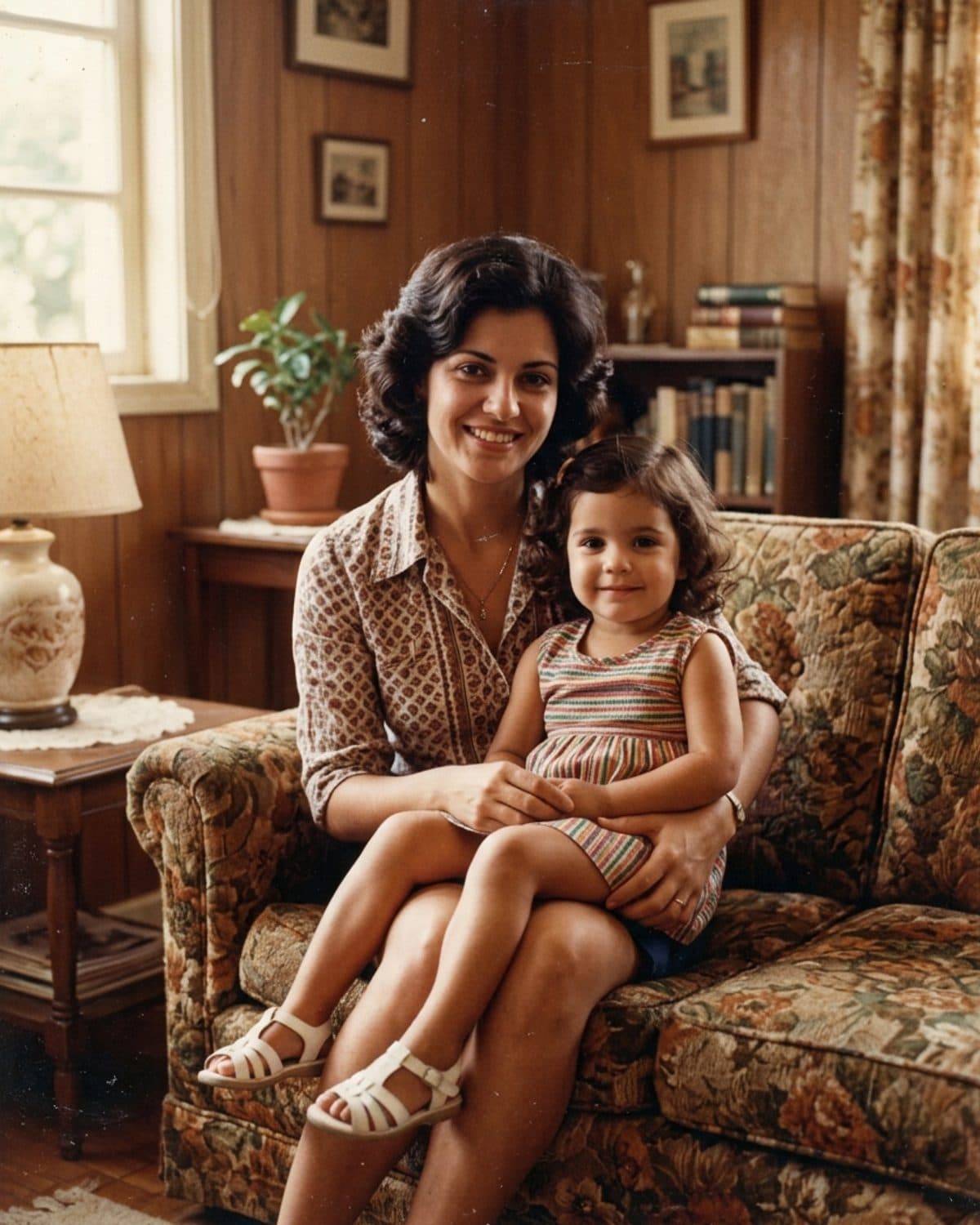 Mãe com a filha no colo, anos 1970, foto restaurada