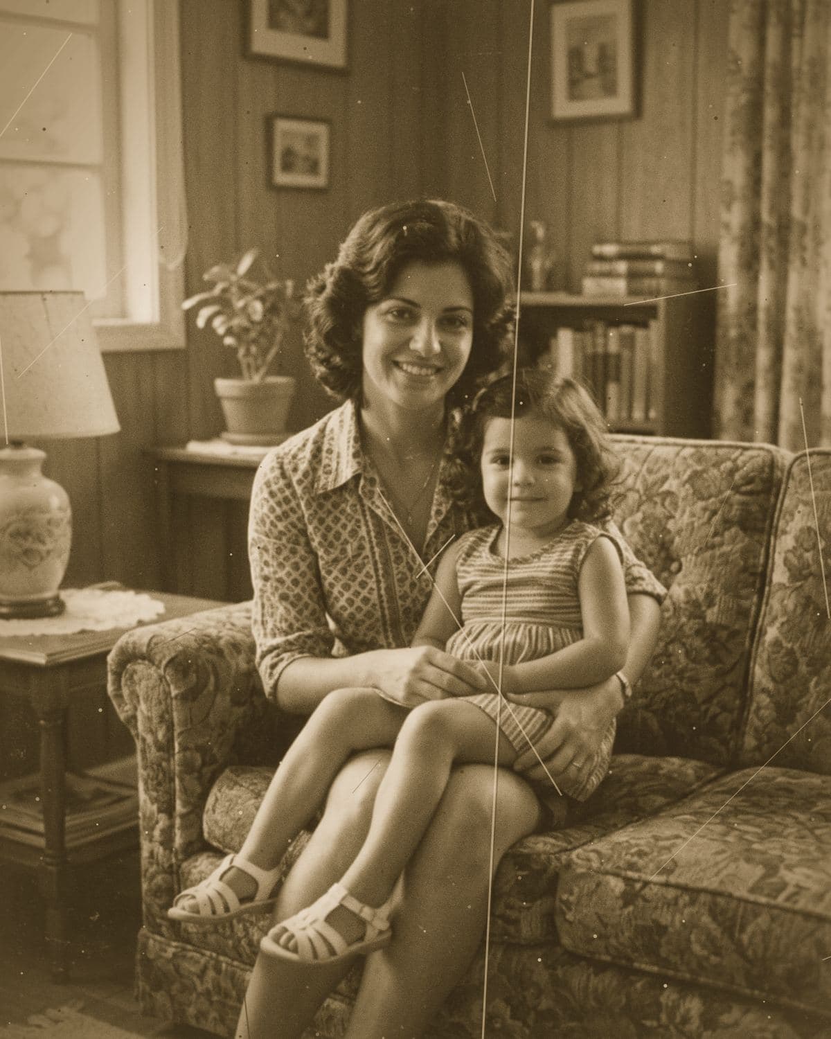 Mãe com a filha no colo, anos 1970, foto antiga antes da restauração
