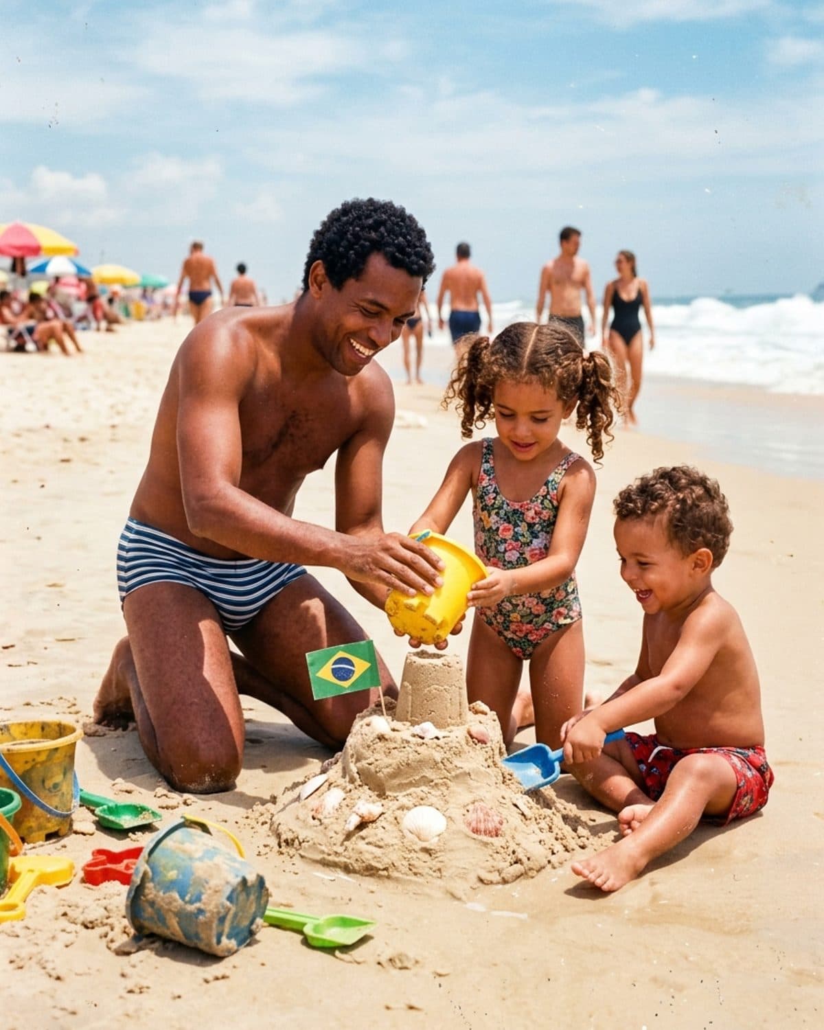 Pai com duas crianças na praia, anos 1990, foto restaurada