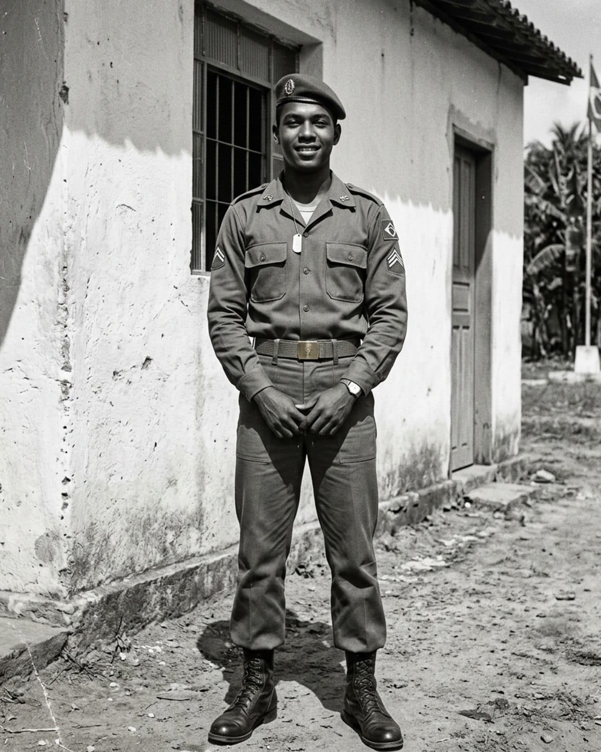 Jovem de uniforme no quartel, anos 1950, foto restaurada